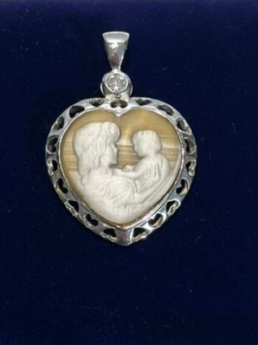 Cameo Pendant 925 Sterling Silver Mother Child Heart Cat's Eye 1.25x1 Vintage